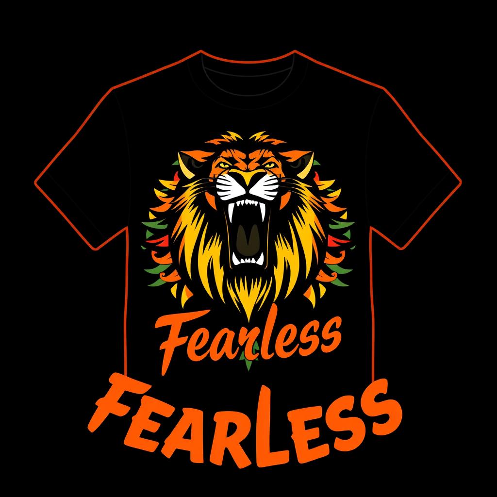 A stylish and modern T-shirt design featuring a bold graphic of a roaring lion with a colorful tribal pattern in the background