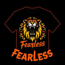 A stylish and modern T-shirt design featuring a bold graphic of a roaring lion with a colorful tribal pattern in the background