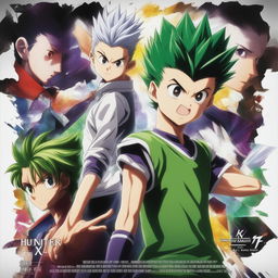 A vibrant, action-packed digital art advertisement for the 'Hunter X Hunter' anime series, featuring main characters Gon and Killua depicted as adults in dynamic poses, with the series logo and a catchy tagline