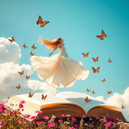a woman with long, flowing hair elegantly flying on an enormous open book, surrounded by colorful butterflies and blooming flowers