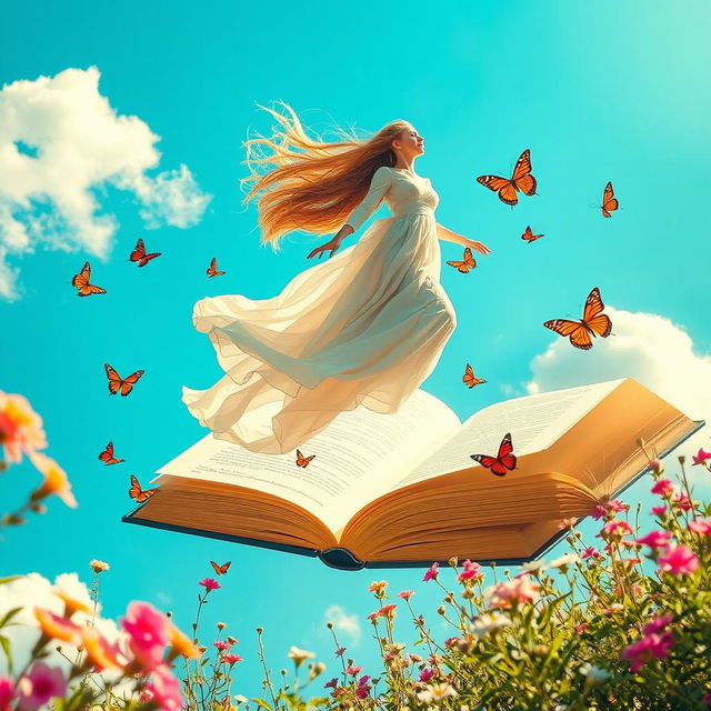 a woman with long, flowing hair elegantly flying on an enormous open book, surrounded by colorful butterflies and blooming flowers