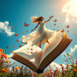 a woman with long, flowing hair elegantly flying on an enormous open book, surrounded by colorful butterflies and blooming flowers
