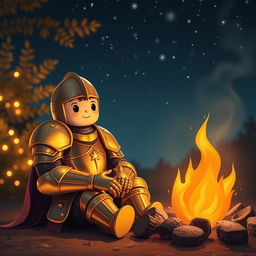 A golden armored knight, sitting next to a warm campfire under a starry night sky