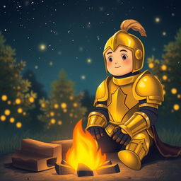 A golden armored knight, sitting next to a warm campfire under a starry night sky