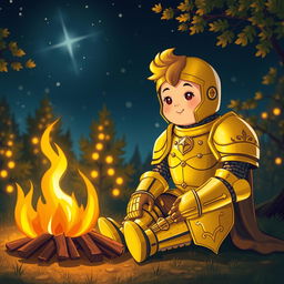 A golden armored knight, sitting next to a warm campfire under a starry night sky