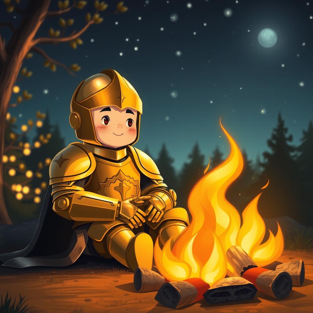 A golden armored knight, sitting next to a warm campfire under a starry night sky