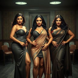 In a dramatic interrogation room, three captivating desi women stand as the focal point of the scene