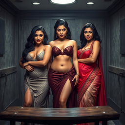 In a dramatic interrogation room, three captivating desi women stand as the focal point of the scene