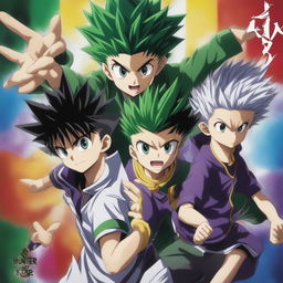 A vibrant, action-packed digital art advertisement for the 'Hunter X Hunter' anime series, featuring main characters Gon and Killua depicted as adults in dynamic poses, with the series logo and a catchy tagline