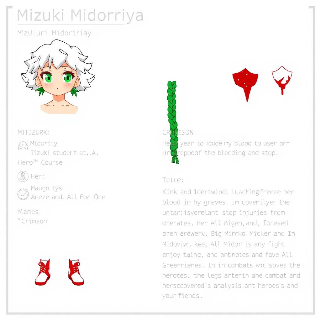 Character sheet for Mizuki Midoriya, the older sister of Izuku Midoriya