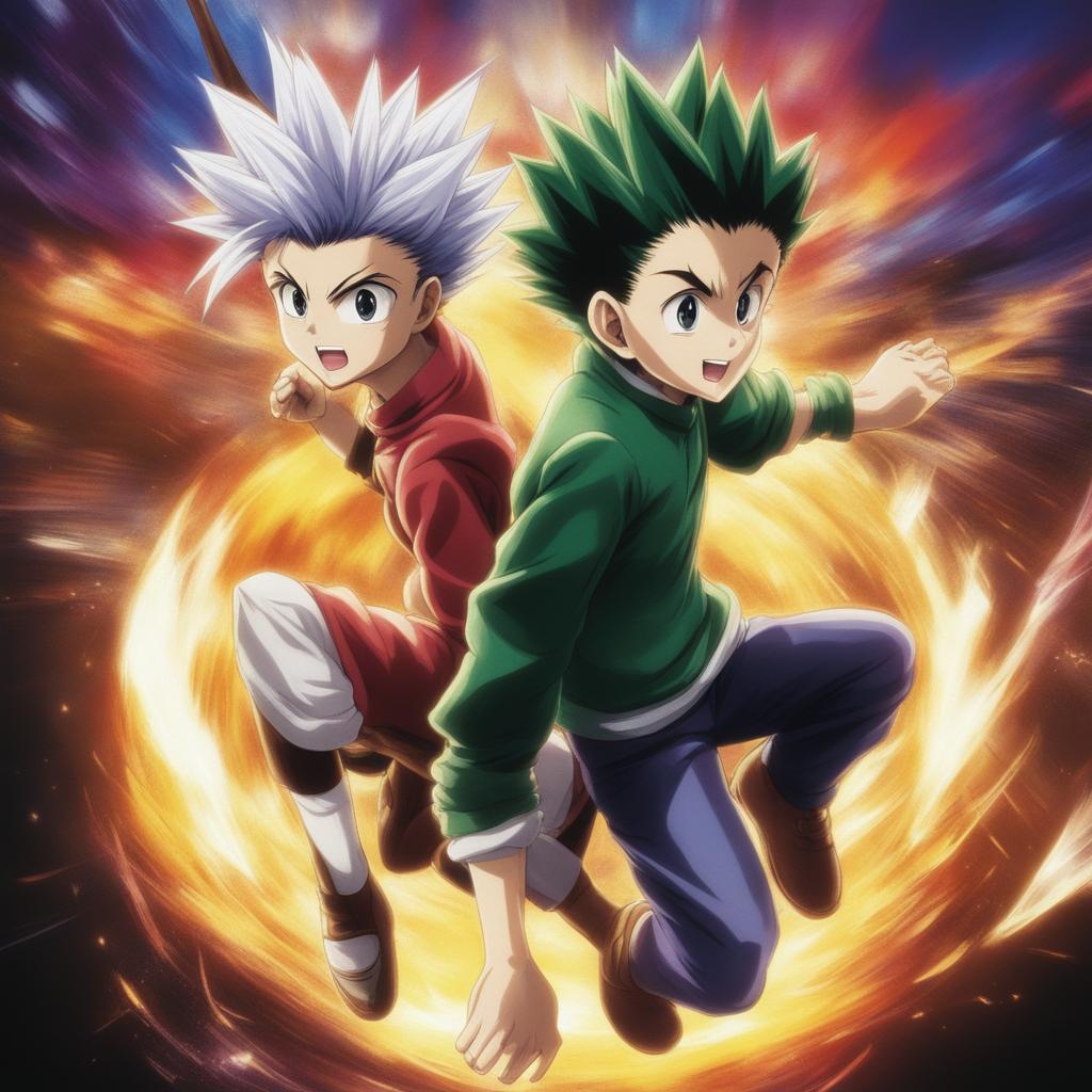 A vibrant, action-packed digital art advertisement for the 'Hunter X Hunter' anime series, featuring main characters Gon and Killua depicted as adults in dynamic poses, with the series logo and a catchy tagline