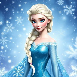 A stunning portrait of Elsa from Disney's Frozen, showcasing her iconic ice-blue gown with intricate icy patterns, flowing elegantly around her
