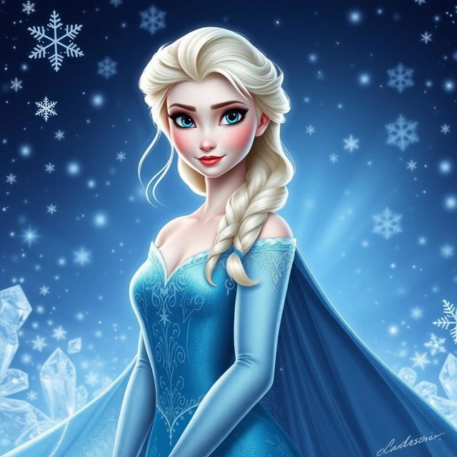 A stunning portrait of Elsa from Disney's Frozen, showcasing her iconic ice-blue gown with intricate icy patterns, flowing elegantly around her