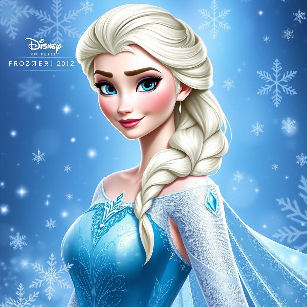 A stunning portrait of Elsa from Disney's Frozen, showcasing her iconic ice-blue gown with intricate icy patterns, flowing elegantly around her