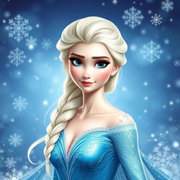 A stunning portrait of Elsa from Disney's Frozen, showcasing her iconic ice-blue gown with intricate icy patterns, flowing elegantly around her