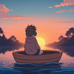 A charming animated scene featuring a boy and a girl sitting closely on a simple wooden boat, each wearing cozy hoodies and headphones