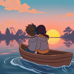 A charming animated scene featuring a boy and a girl sitting closely on a simple wooden boat, each wearing cozy hoodies and headphones