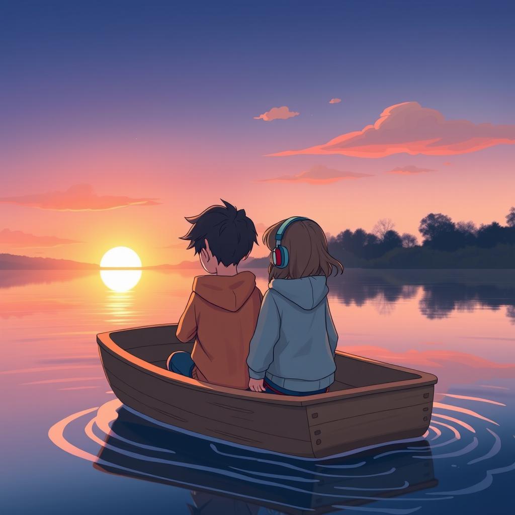 A charming animated scene featuring a boy and a girl sitting closely on a simple wooden boat, each wearing cozy hoodies and headphones