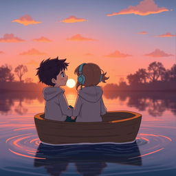 A charming animated scene featuring a boy and a girl sitting closely on a simple wooden boat, each wearing cozy hoodies and headphones