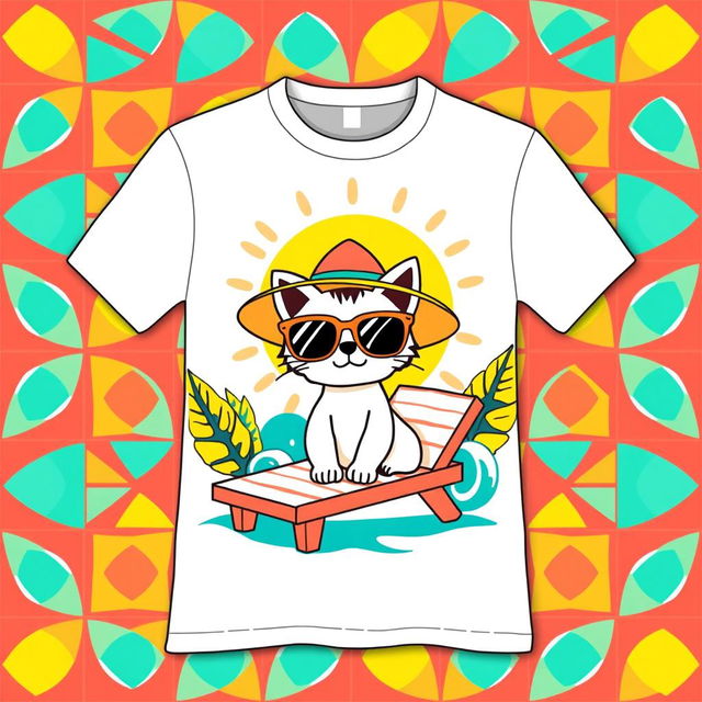 A vibrant and artistic T-shirt design featuring a bold, abstract geometric pattern with a mix of bright colors like turquoise, coral, and yellow
