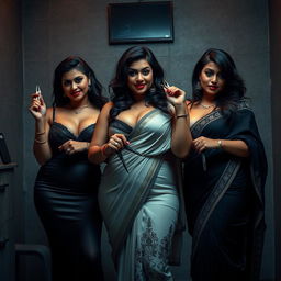 In a tense interrogation room, three alluring desi women command attention with their seductive and dominant presence
