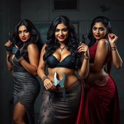 In a tense interrogation room, three alluring desi women command attention with their seductive and dominant presence