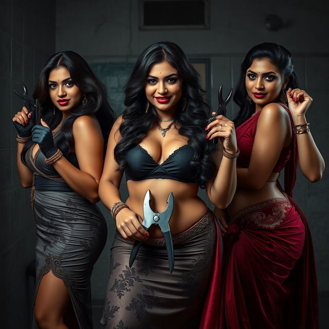 In a tense interrogation room, three alluring desi women command attention with their seductive and dominant presence