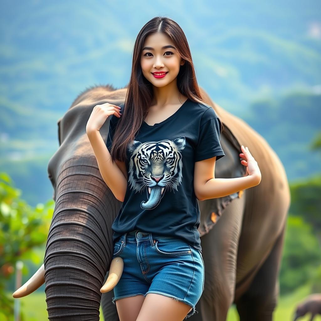A beautiful Korean woman wearing a black t-shirt with a tiger graphic, short denim jeans, and long straight hair
