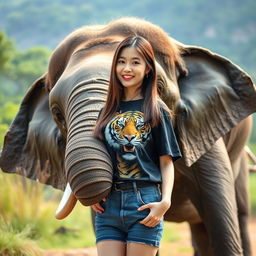 A beautiful Korean woman wearing a black t-shirt with a tiger graphic, short denim jeans, and long straight hair