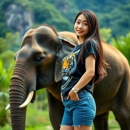 A beautiful Korean woman wearing a black t-shirt with a tiger graphic, short denim jeans, and long straight hair