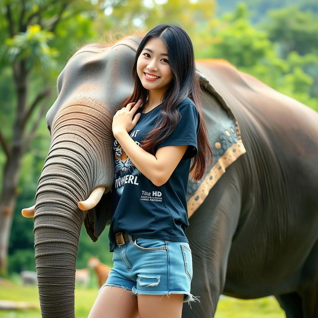 A beautiful Korean woman wearing a black t-shirt with a tiger graphic, short denim jeans, and long straight hair