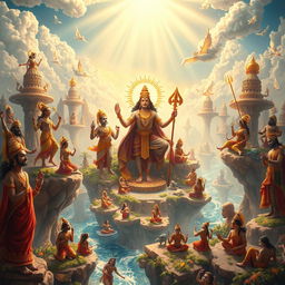 A breathtaking depiction of Devalok, the celestial realm inhabited by the Devas (gods)