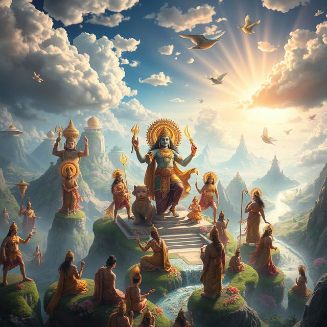 A breathtaking depiction of Devalok, the celestial realm inhabited by the Devas (gods)