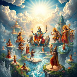 A breathtaking depiction of Devalok, the celestial realm inhabited by the Devas (gods)
