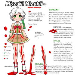 Character sheet for Mizuki Midoriya, older sister of Izuku Midoriya, designed in My Hero Academia art style