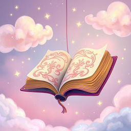 A whimsical illustration of a colorful, magical book with large, ornate pages that are gently fluttering open as if caught by a breeze