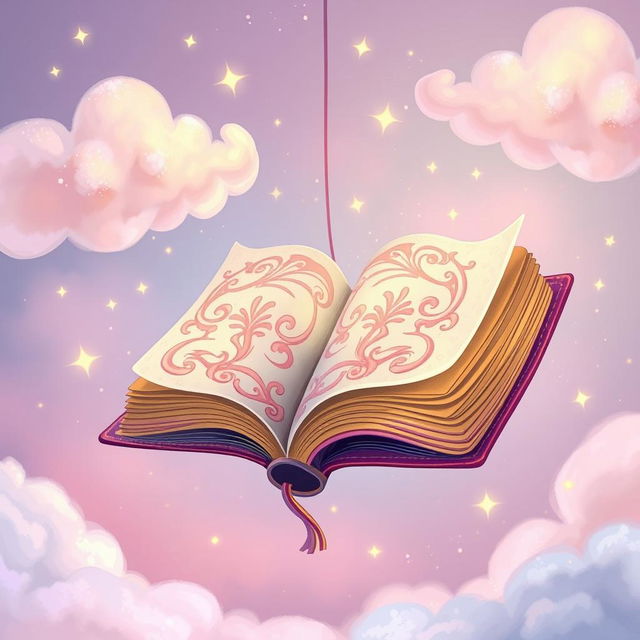 A whimsical illustration of a colorful, magical book with large, ornate pages that are gently fluttering open as if caught by a breeze