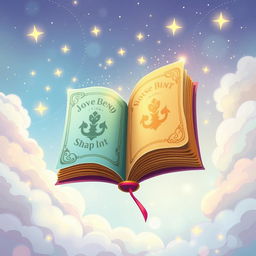 A whimsical illustration of a colorful, magical book with large, ornate pages that are gently fluttering open as if caught by a breeze