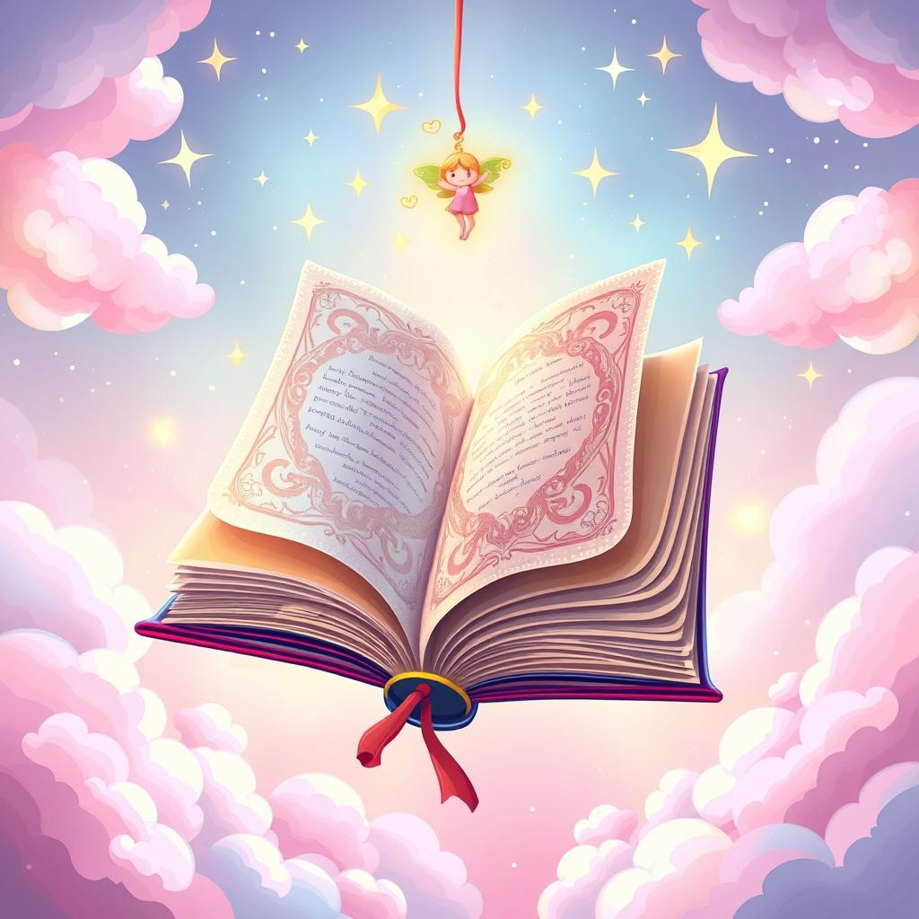 A whimsical illustration of a colorful, magical book with large, ornate pages that are gently fluttering open as if caught by a breeze