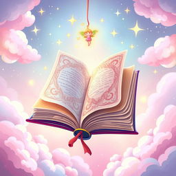 A whimsical illustration of a colorful, magical book with large, ornate pages that are gently fluttering open as if caught by a breeze
