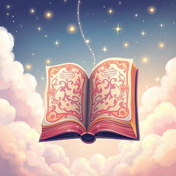 A whimsical illustration of a colorful, magical book with large, ornate pages that are gently fluttering open as if caught by a breeze