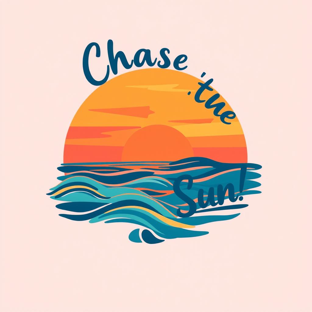 A creative t-shirt design featuring a vibrant graphic of a stylized abstract sunset over a serene ocean landscape