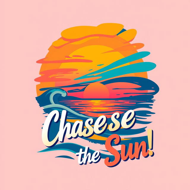 A creative t-shirt design featuring a vibrant graphic of a stylized abstract sunset over a serene ocean landscape