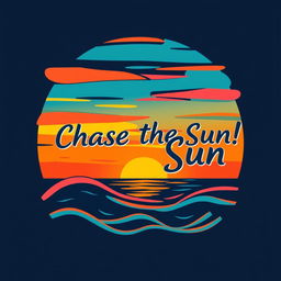 A creative t-shirt design featuring a vibrant graphic of a stylized abstract sunset over a serene ocean landscape
