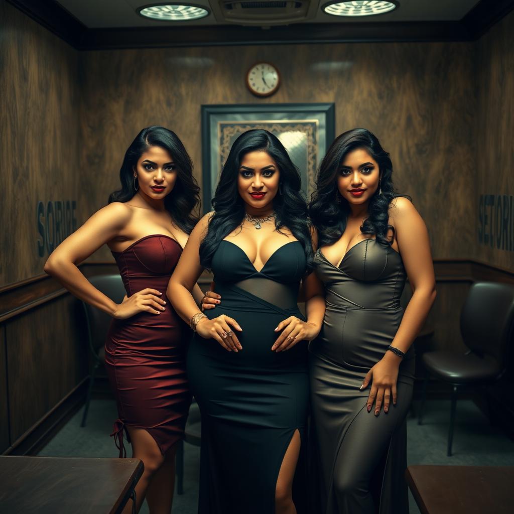 In a tense interrogation room, three irresistibly attractive desi women take center stage, exuding confidence and seduction