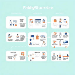 A detailed infographic illustrating a Service Blueprint for Fabby, featuring three main sections: Customer Actions, Front Office, and Back Office