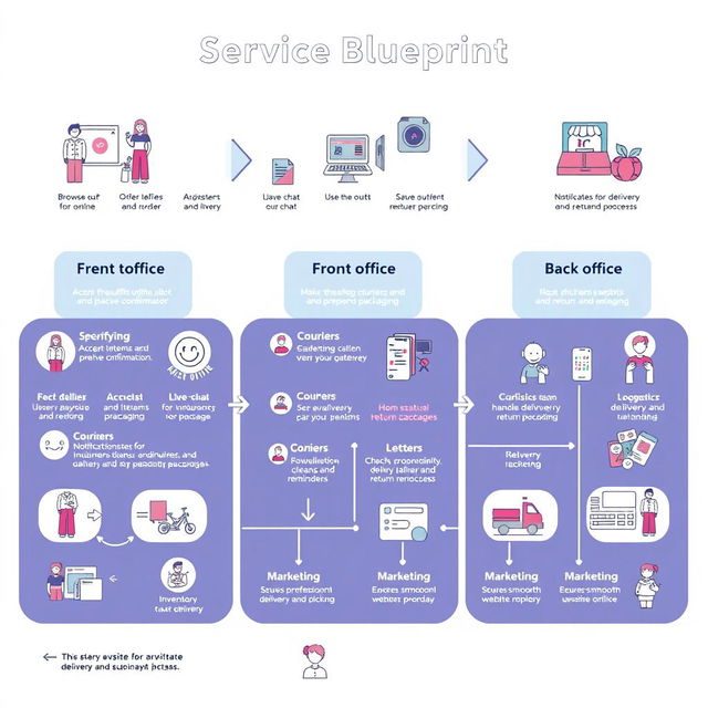 A detailed infographic illustrating a Service Blueprint for Fabby, featuring three main sections: Customer Actions, Front Office, and Back Office