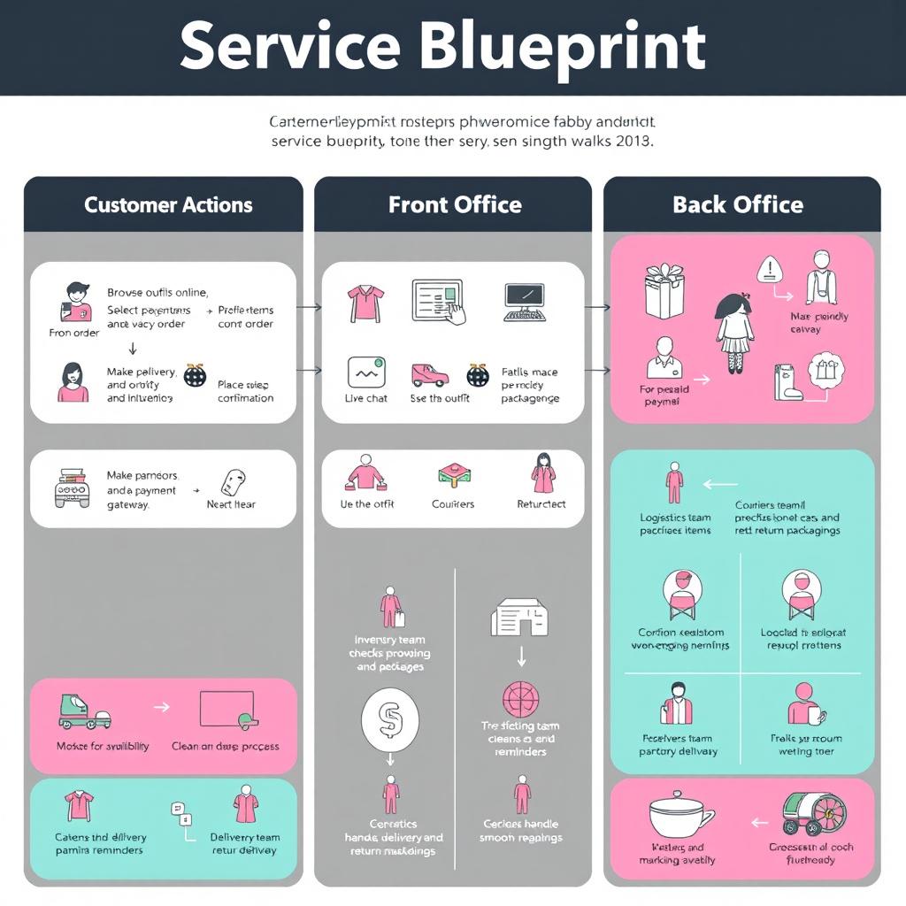 A detailed infographic illustrating a Service Blueprint for Fabby, featuring three main sections: Customer Actions, Front Office, and Back Office