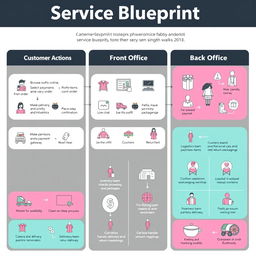 A detailed infographic illustrating a Service Blueprint for Fabby, featuring three main sections: Customer Actions, Front Office, and Back Office