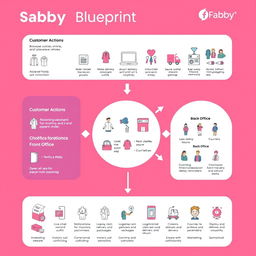 A detailed infographic illustrating a Service Blueprint for Fabby, featuring three main sections: Customer Actions, Front Office, and Back Office